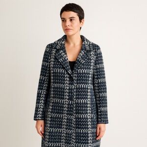 T Tahari Black and Cream Checkered Houndstooth Knit Long Cardigan Coatigan Large